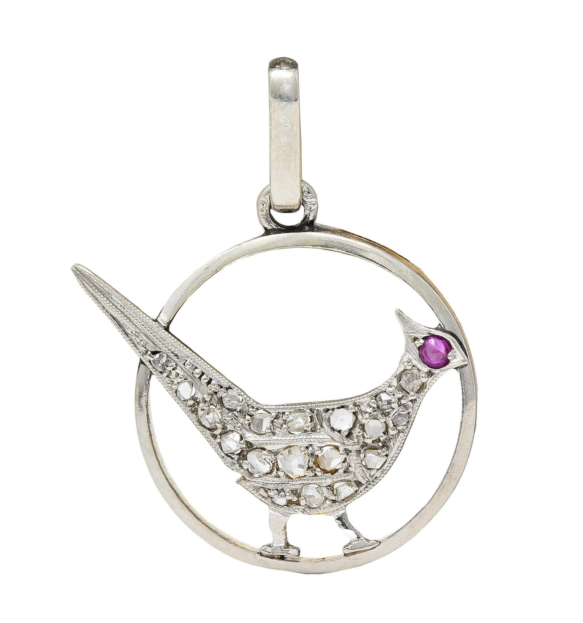 Breloque oiseau ancienne Art déco du début, en or 18 carats surmontée de platine, avec diamants et rubis Unisexe en vente
