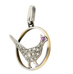 Early Art Deco Diamond Ruby Platinum-Topped 18 Karat Yellow Gold Bird Charm