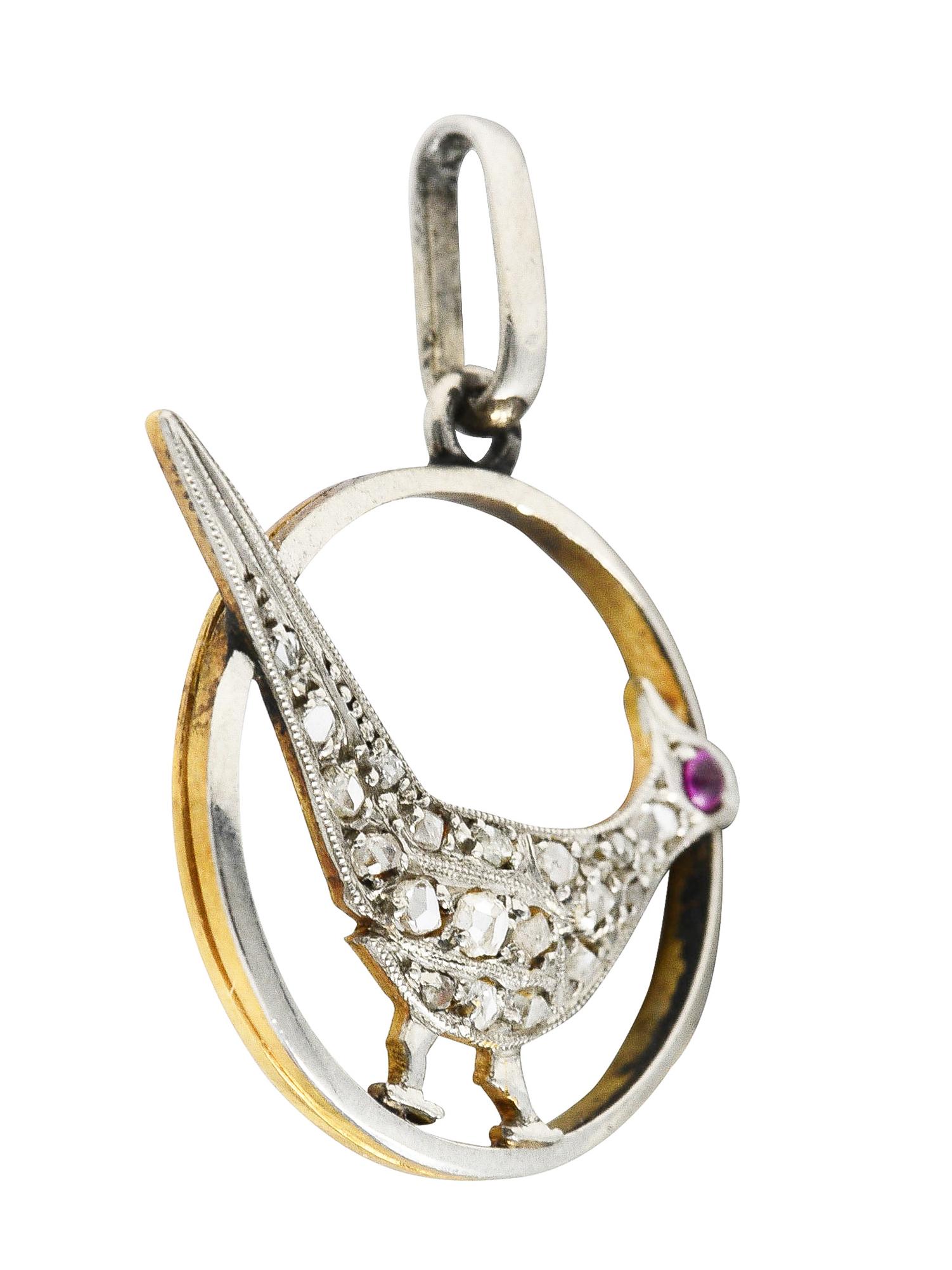 Frühe Art Deco Diamant Rubin Platin-gekrönt 18 Karat Gelbgold Vogel Charme (Rosenschliff) im Angebot
