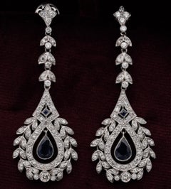 Art Deco Style Diamond Sapphire Long Drop Earrings Platinum