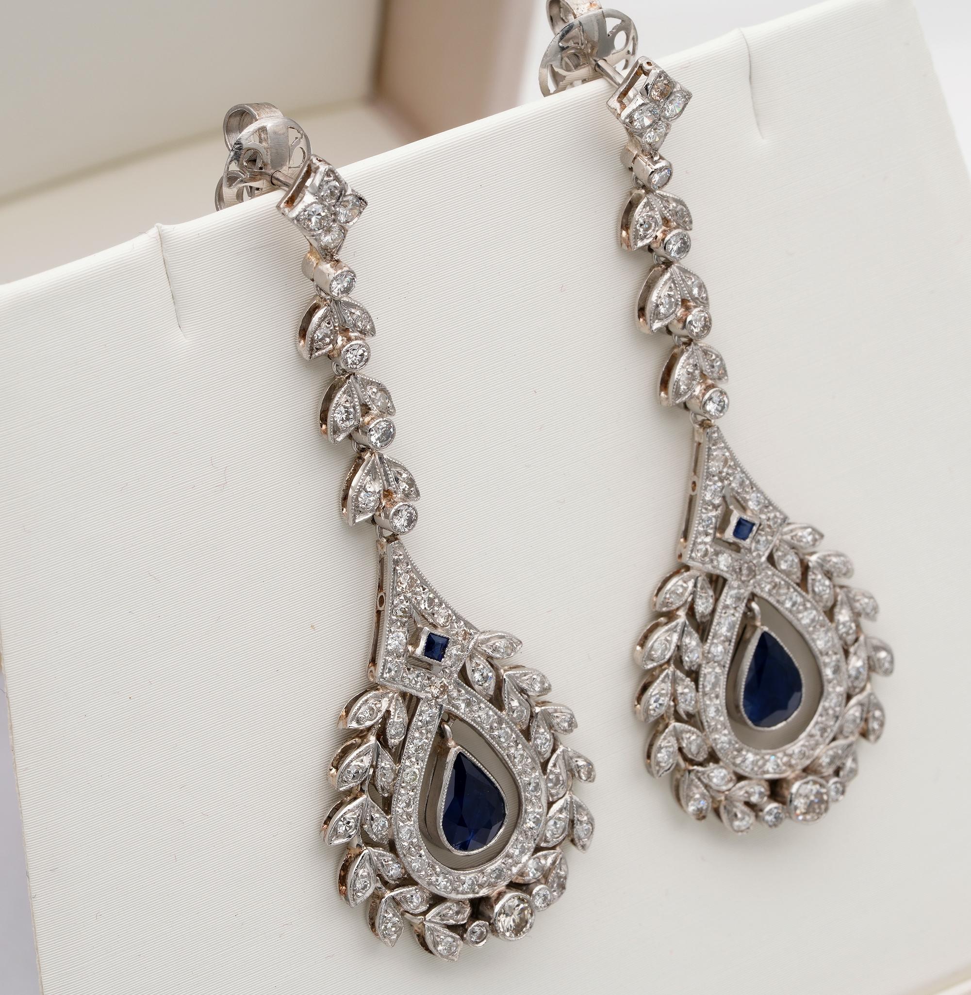 Pear Cut Art Deco Style Diamond Sapphire Long Drop Earrings Platinum For Sale