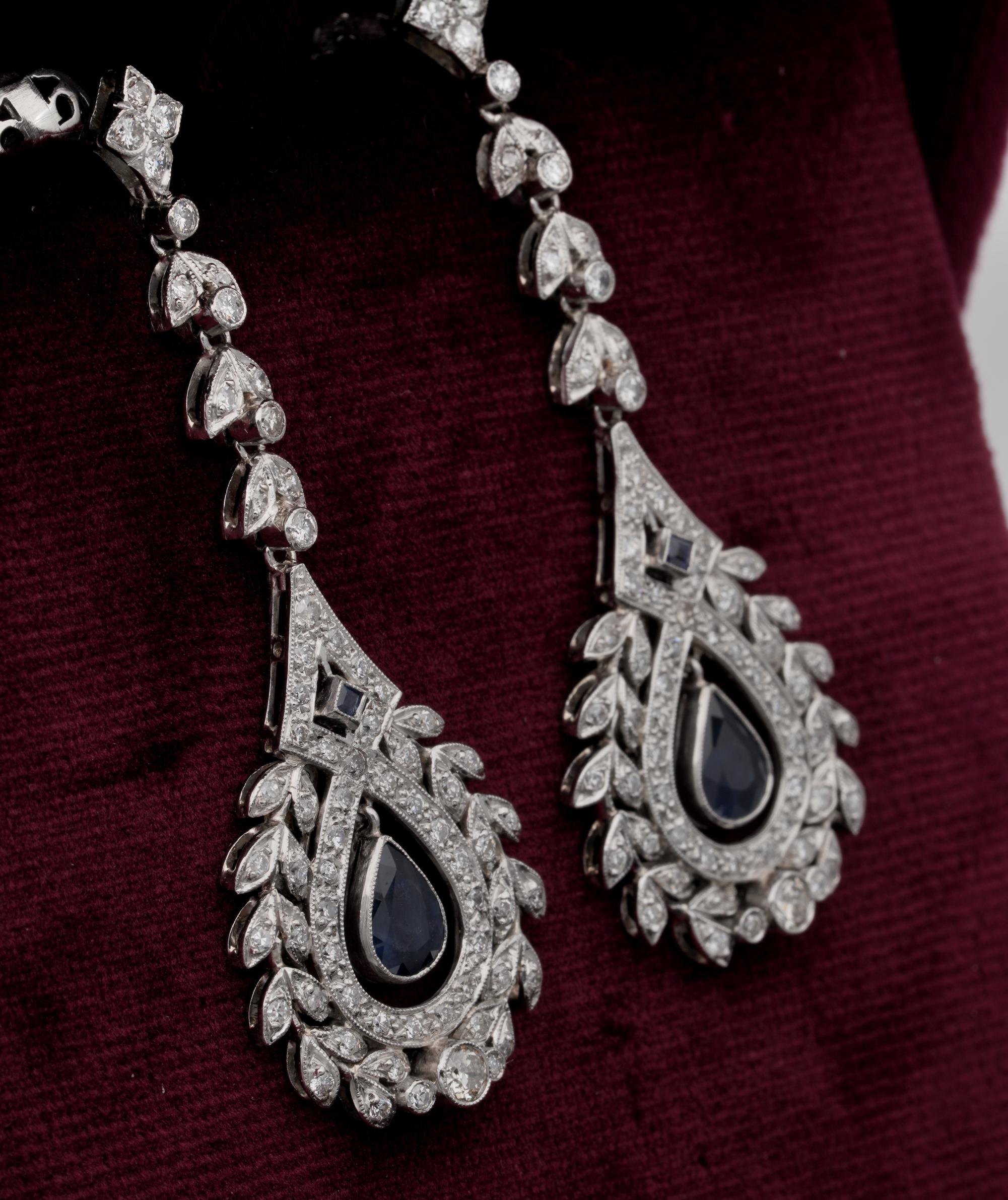 Art Deco Style Diamond Sapphire Long Drop Earrings Platinum In Good Condition For Sale In Napoli, IT