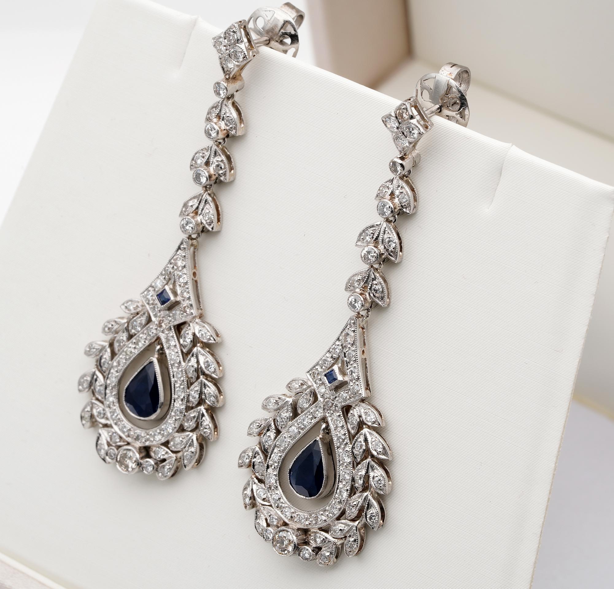 Women's Art Deco Style Diamond Sapphire Long Drop Earrings Platinum For Sale