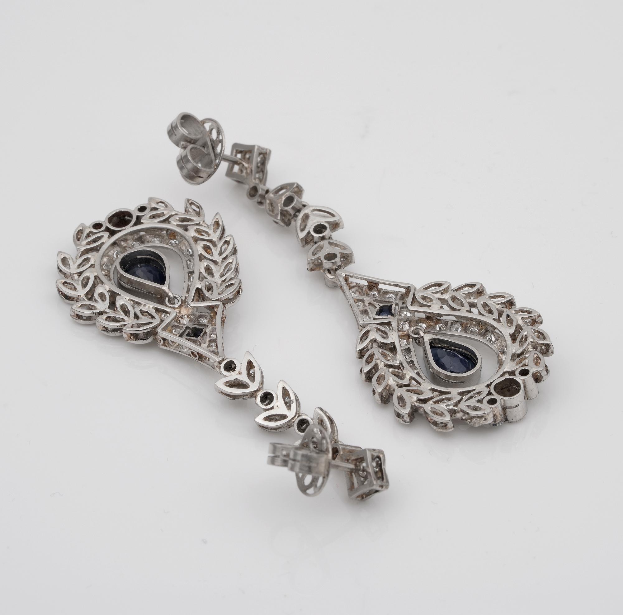 Art Deco Style Diamond Sapphire Long Drop Earrings Platinum For Sale 2