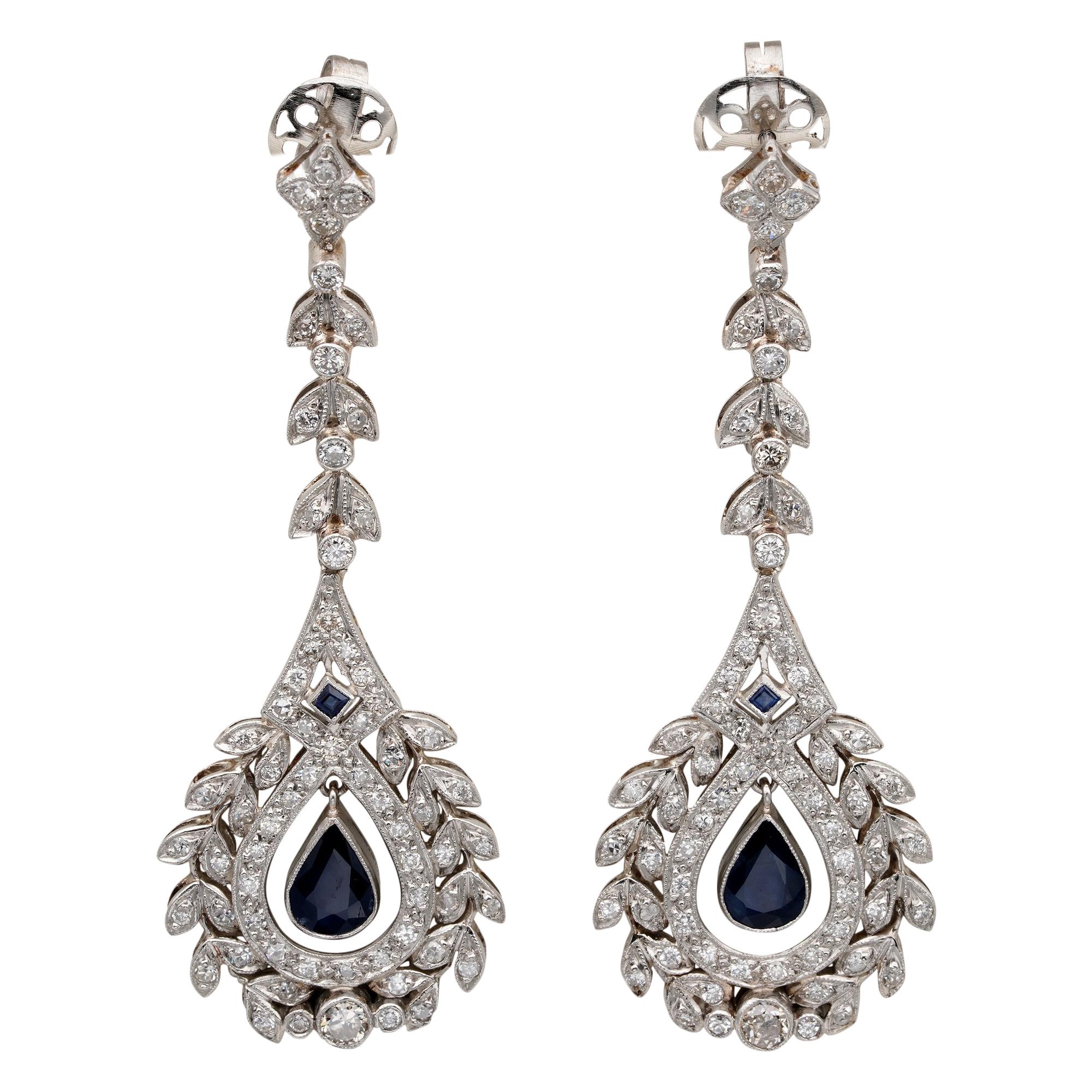 Art Deco Style Diamond Sapphire Long Drop Earrings Platinum For Sale