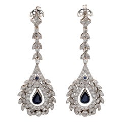 Vintage Art Deco Style Diamond Sapphire Long Drop Earrings Platinum