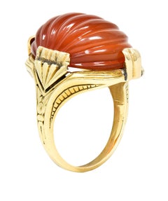 Early Art Deco Egyptian Revival Carved Carnelian 14 Karat Yellow Gold Ring