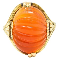 Early Art Deco Egyptian Revival Carved Carnelian 14 Karat Yellow Gold Ring