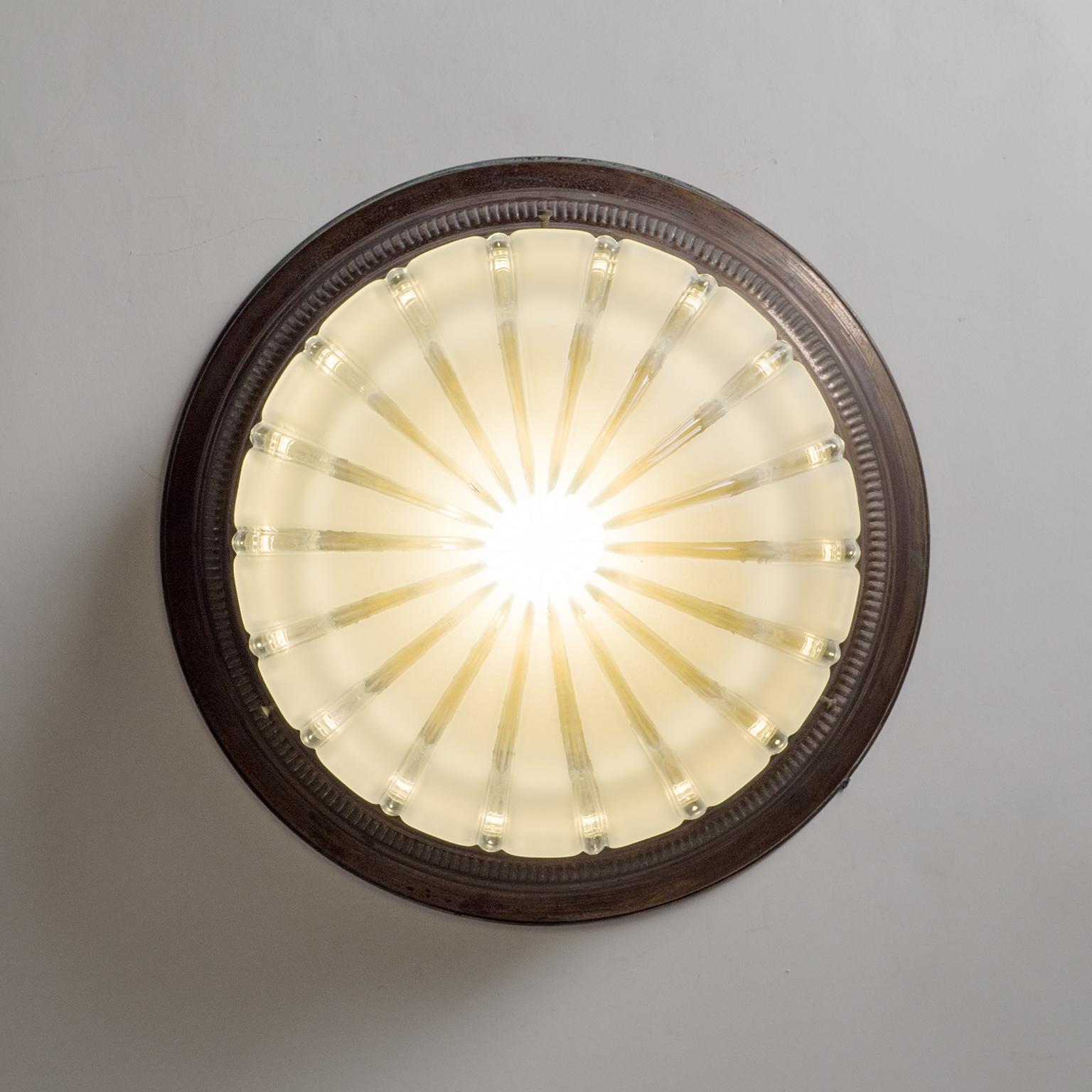 Early Art Deco Flush Mount, circa 1910, Brass and Glass 1