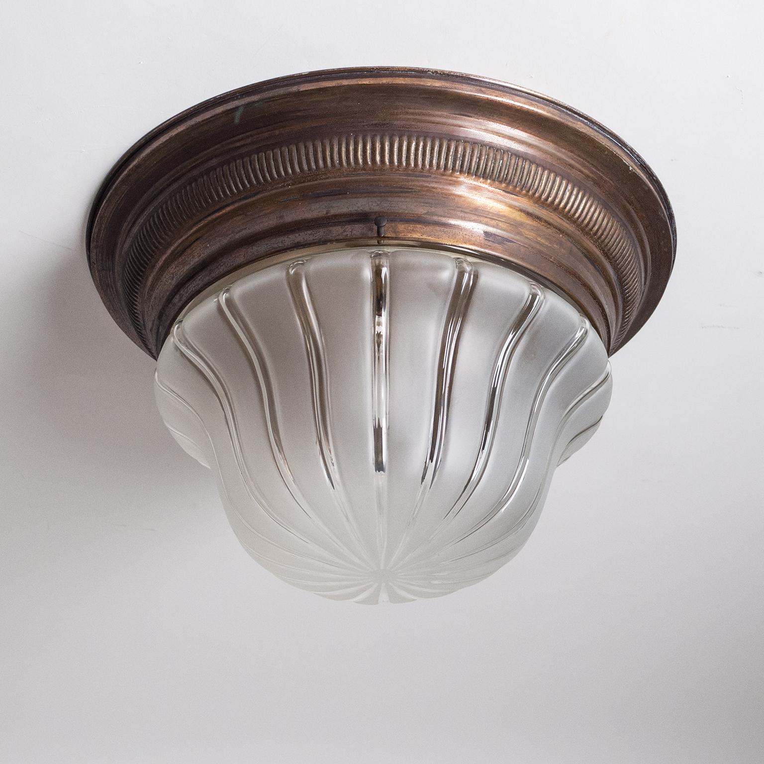 Early Art Deco Flush Mount, circa 1910, Brass and Glass 3