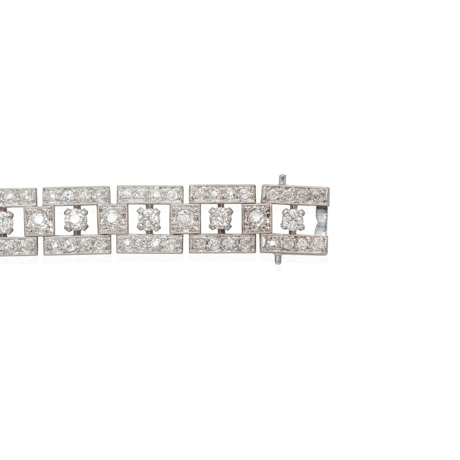 Women's Early Art Deco French Platinum + Old Mine Cut Diamond Link Bracelet 3ctw