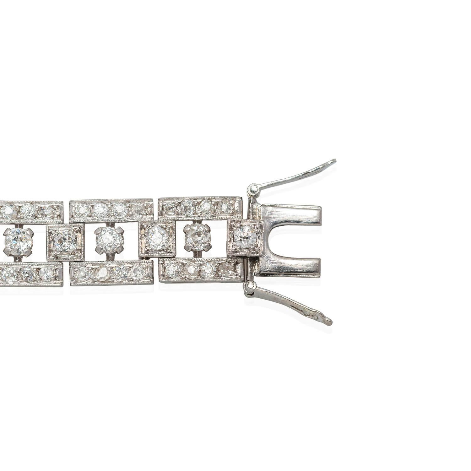 Early Art Deco French Platinum + Old Mine Cut Diamond Link Bracelet 3ctw 1