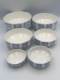 Early Art Deco German Ceramic Set of 6 Blue and White Nesting Bowls G.M.T. Co.