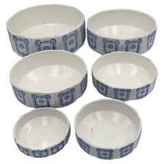 Early Art Deco German Ceramic Set of 6 Blue and White Nesting Bowls G.M.T. Co.