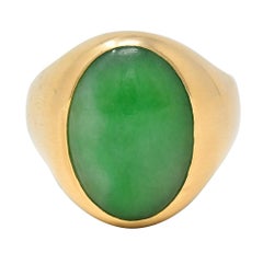 Early Art Deco Jade 14 Karat Yellow Gold Antique Signet Ring