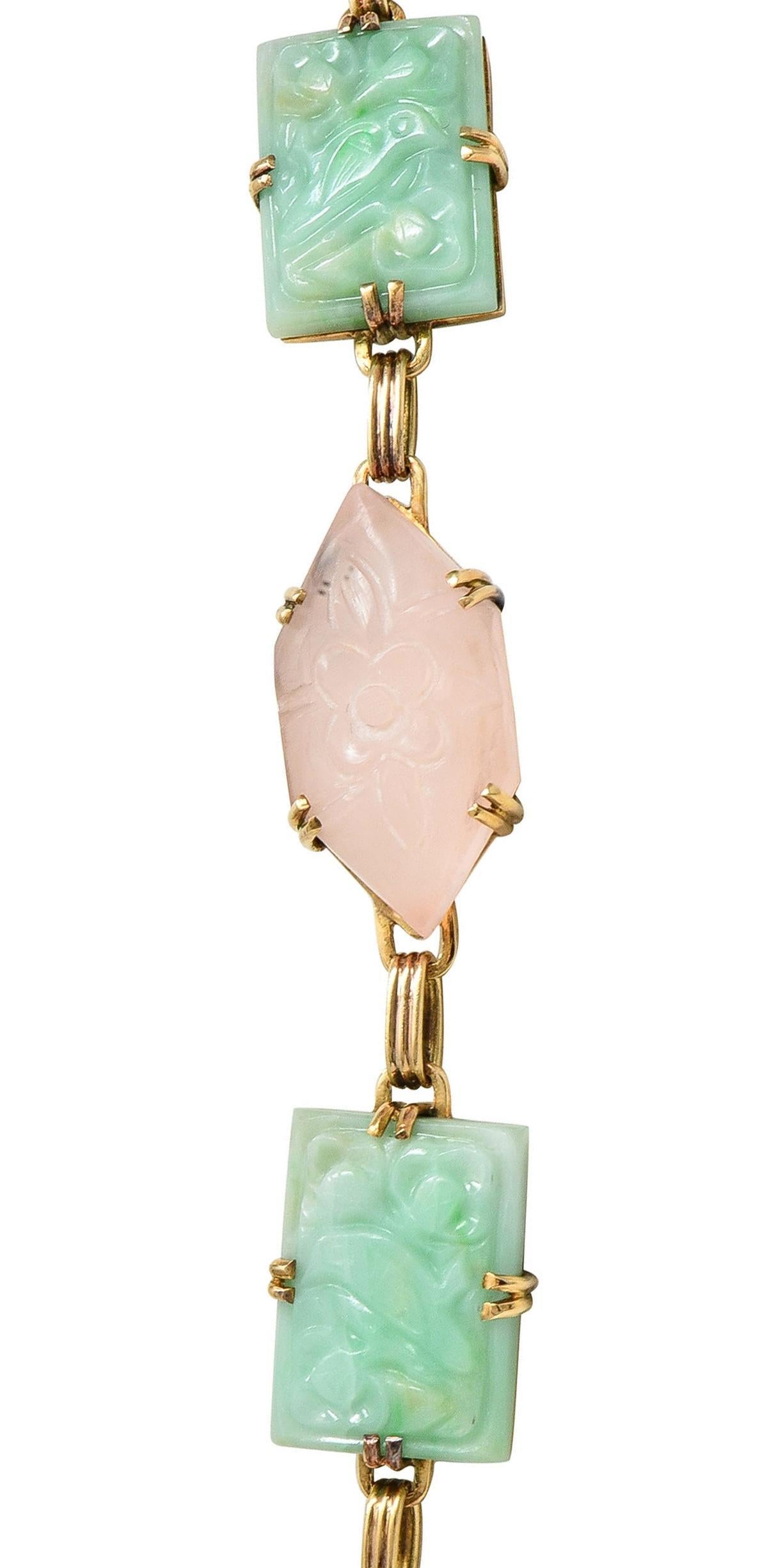 Early Art Deco Jade Rose Quartz 14 Karat Yellow Gold Antique Station Necklace For Sale 5