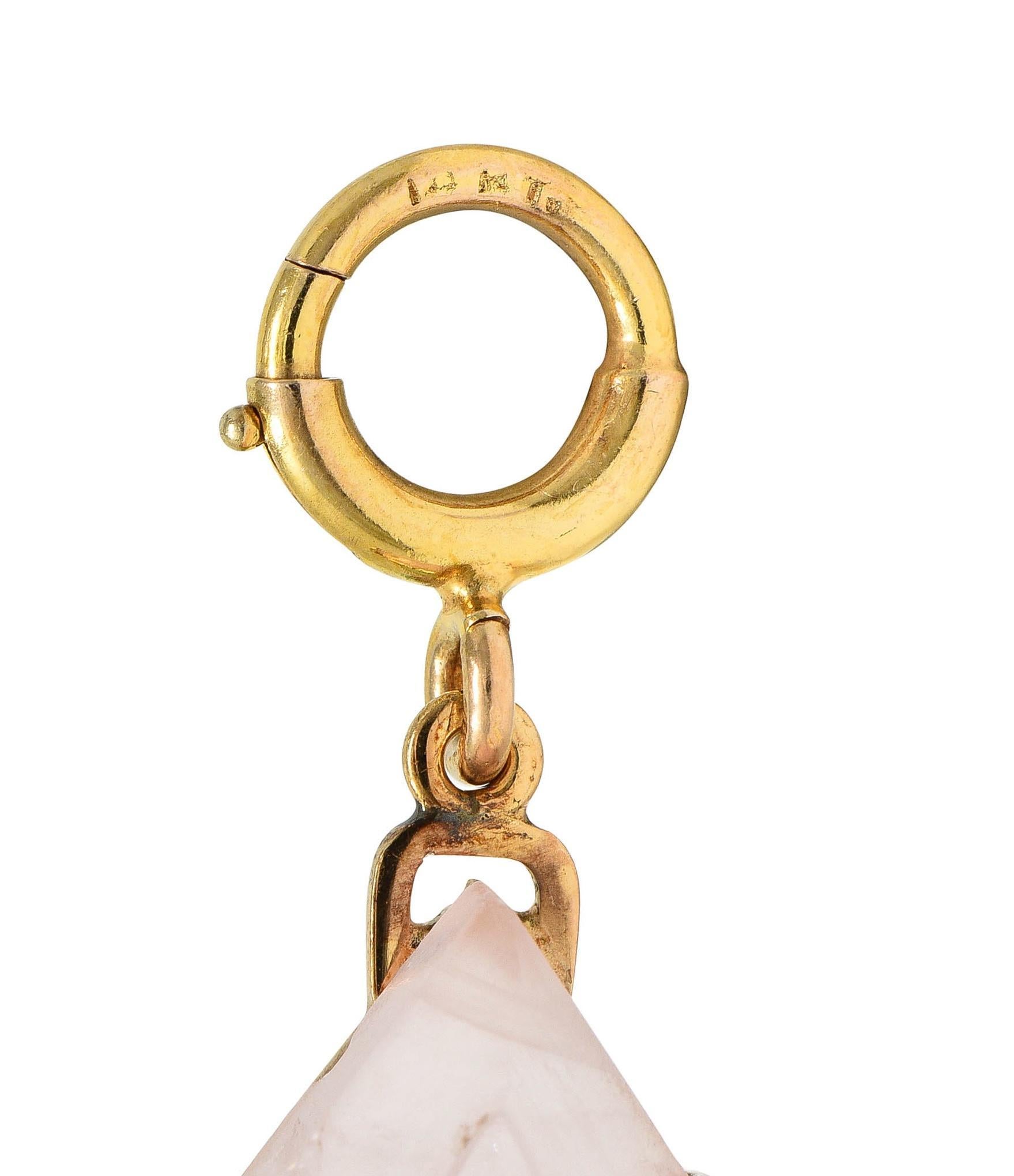 Early Art Deco Jade Rose Quartz 14 Karat Yellow Gold Antique Station Necklace For Sale 6