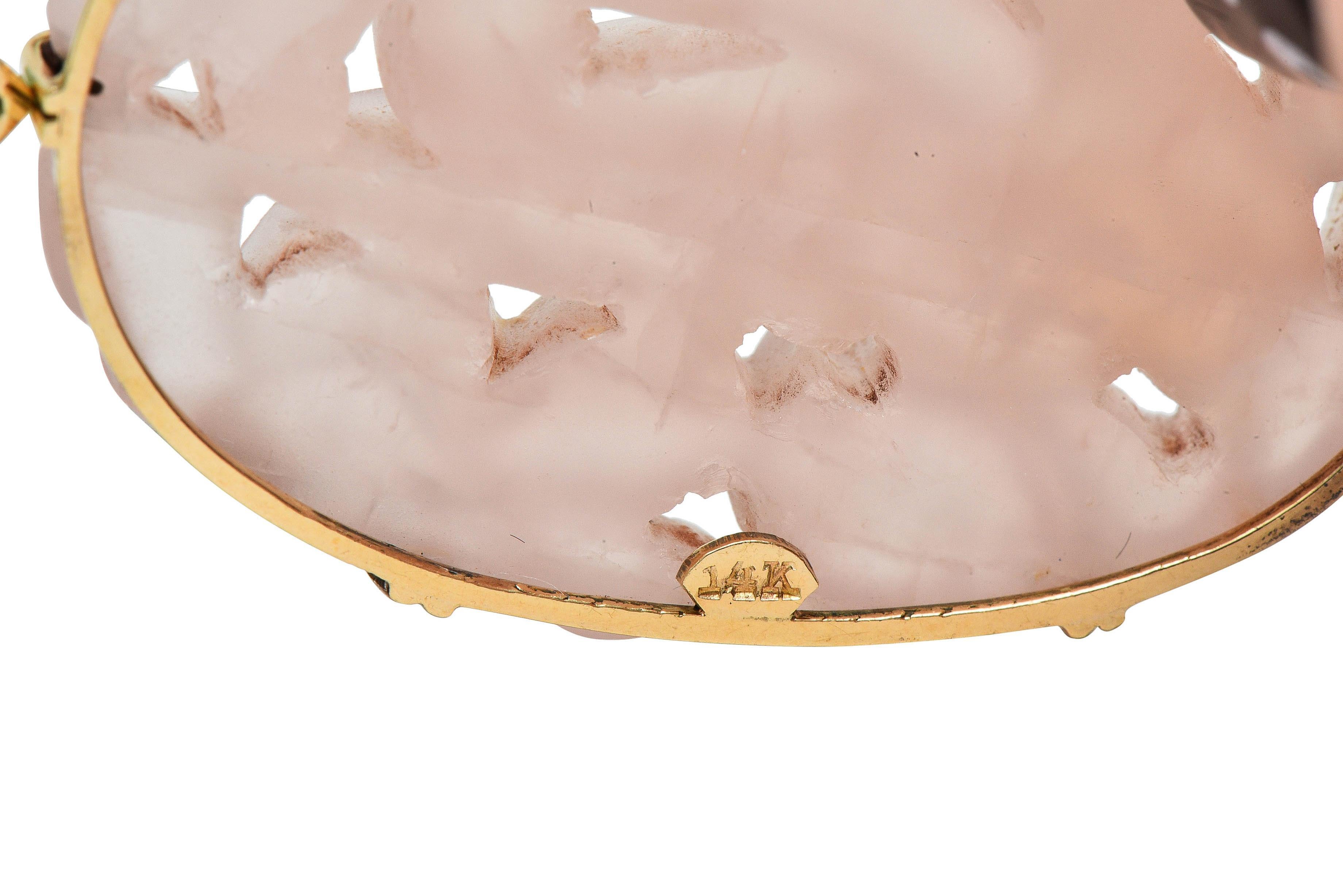 Early Art Deco Jade Rose Quartz 14 Karat Yellow Gold Antique Station Necklace For Sale 7