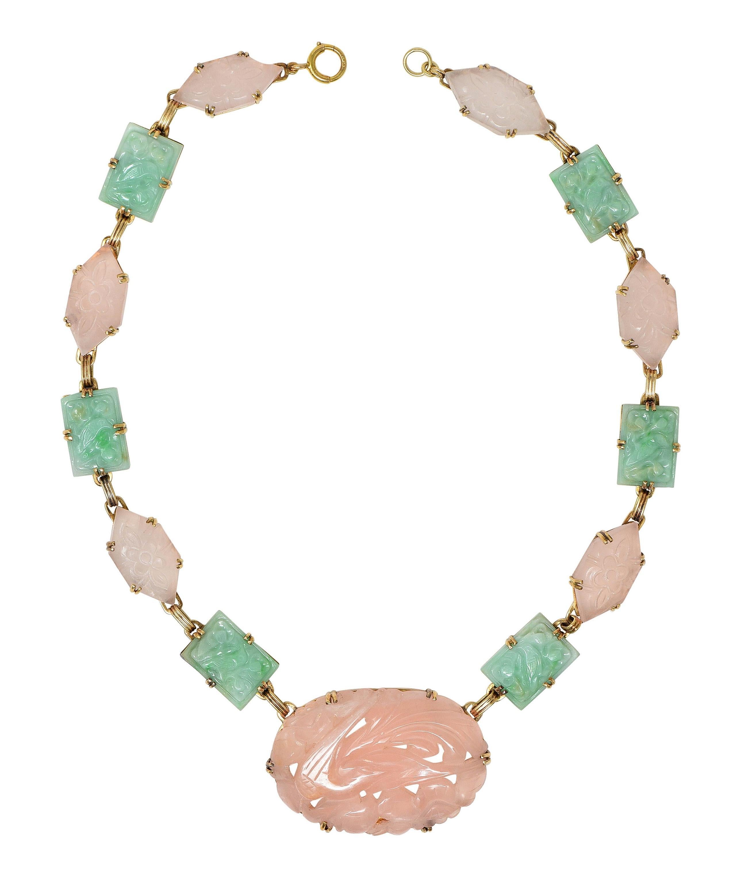Early Art Deco Jade Rose Quartz 14 Karat Yellow Gold Antique Station Necklace For Sale 9