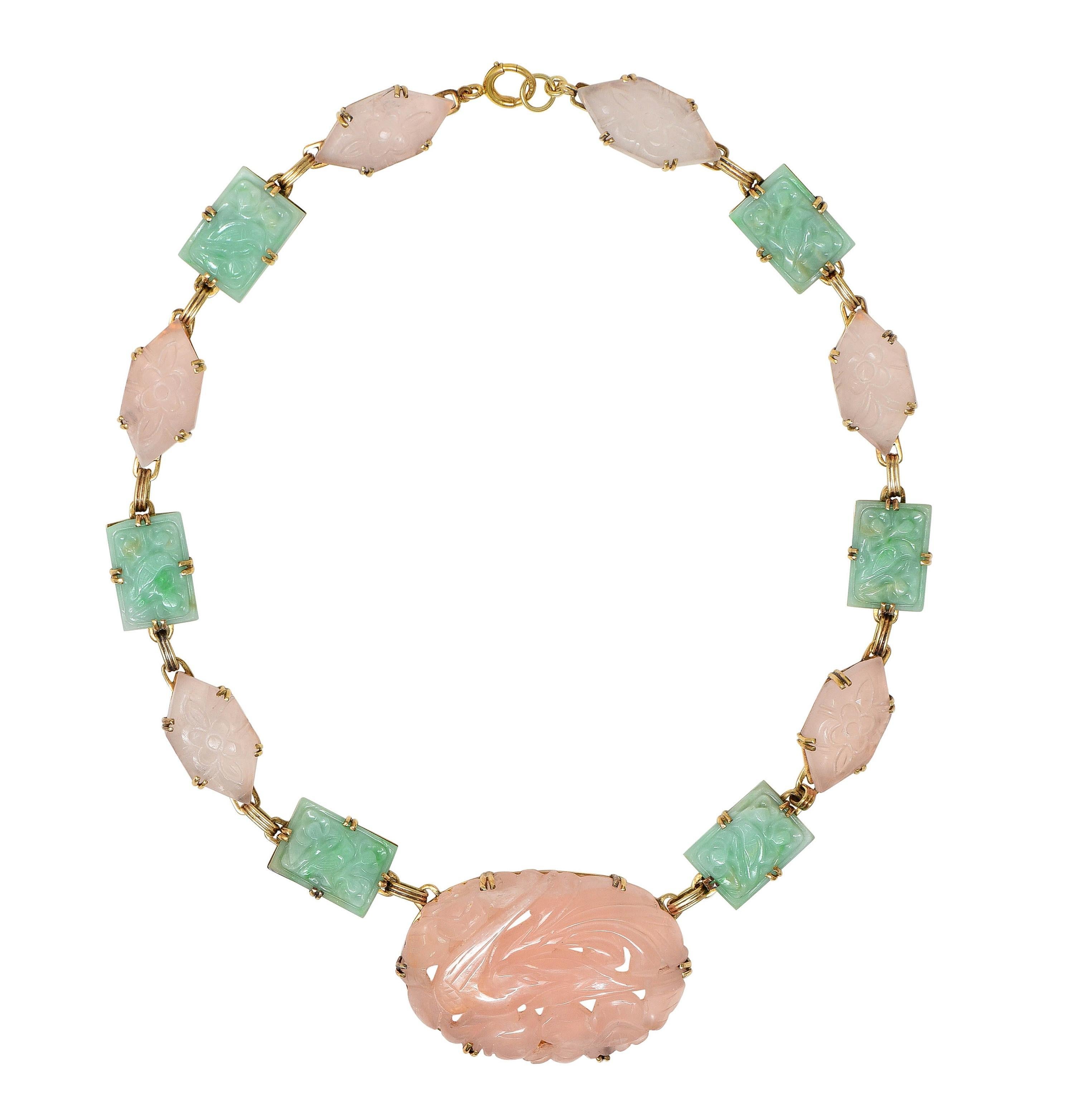 Uncut Early Art Deco Jade Rose Quartz 14 Karat Yellow Gold Antique Station Necklace For Sale