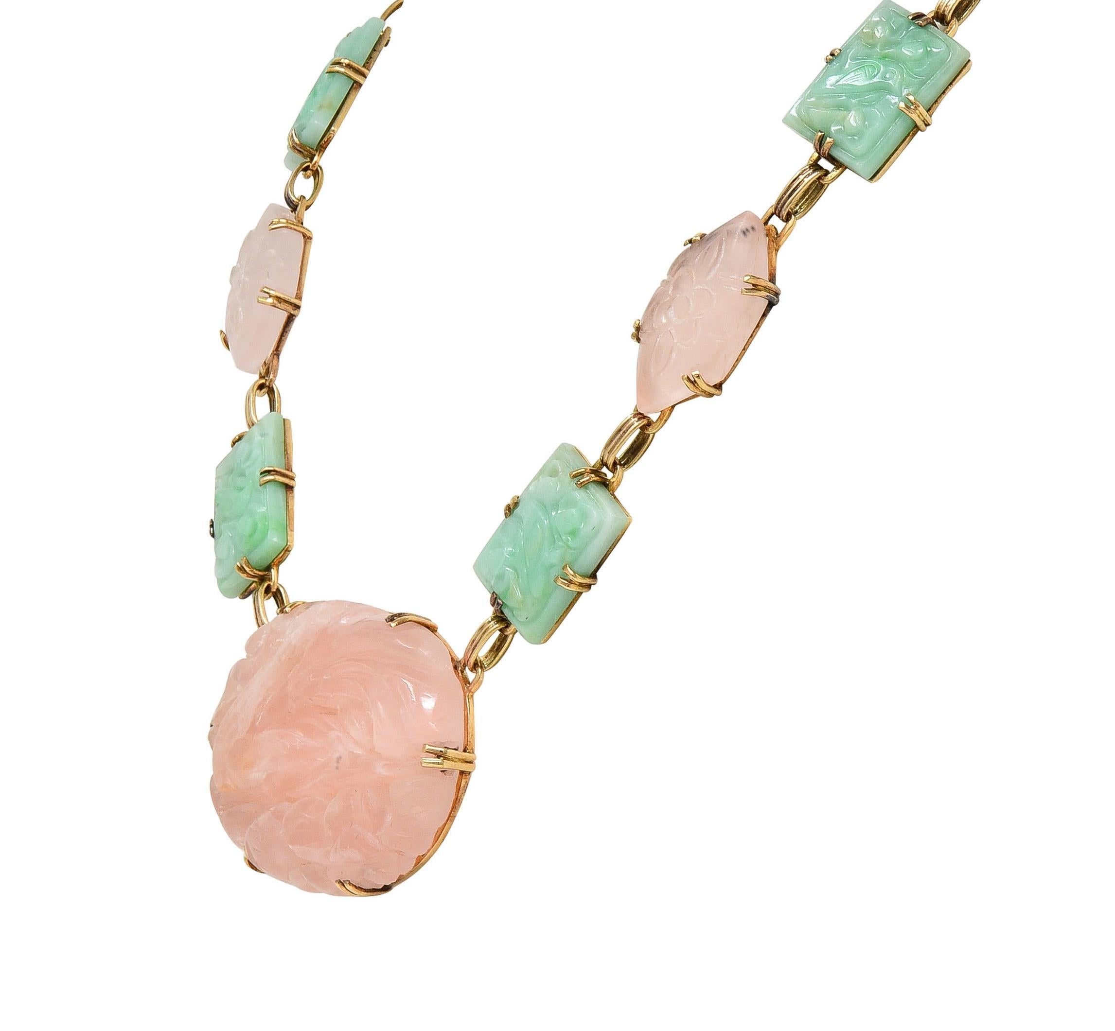 Early Art Deco Jade Rose Quartz 14 Karat Yellow Gold Antique Station Necklace In Excellent Condition For Sale In Philadelphia, PA
