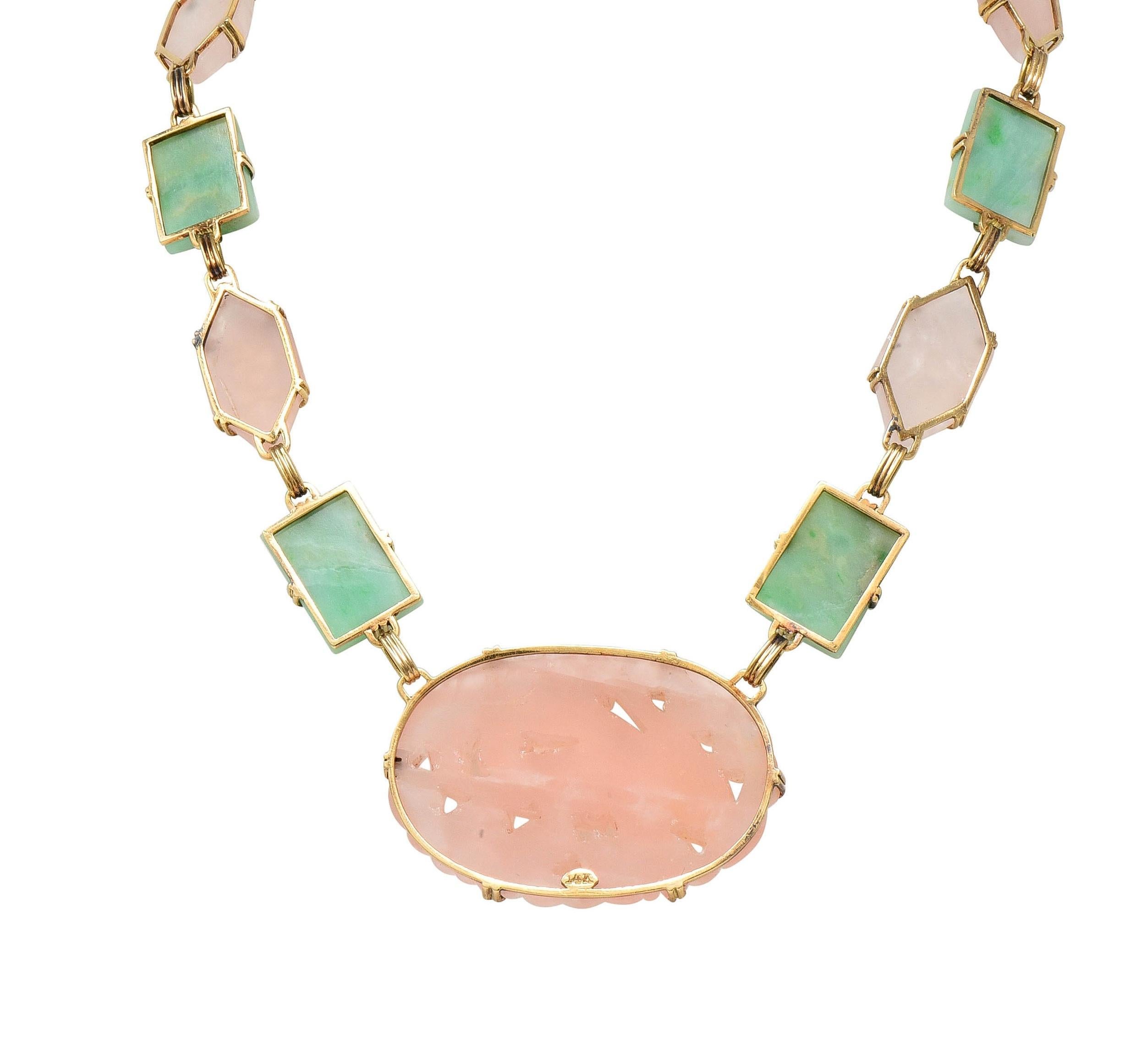 Women's or Men's Early Art Deco Jade Rose Quartz 14 Karat Yellow Gold Antique Station Necklace For Sale