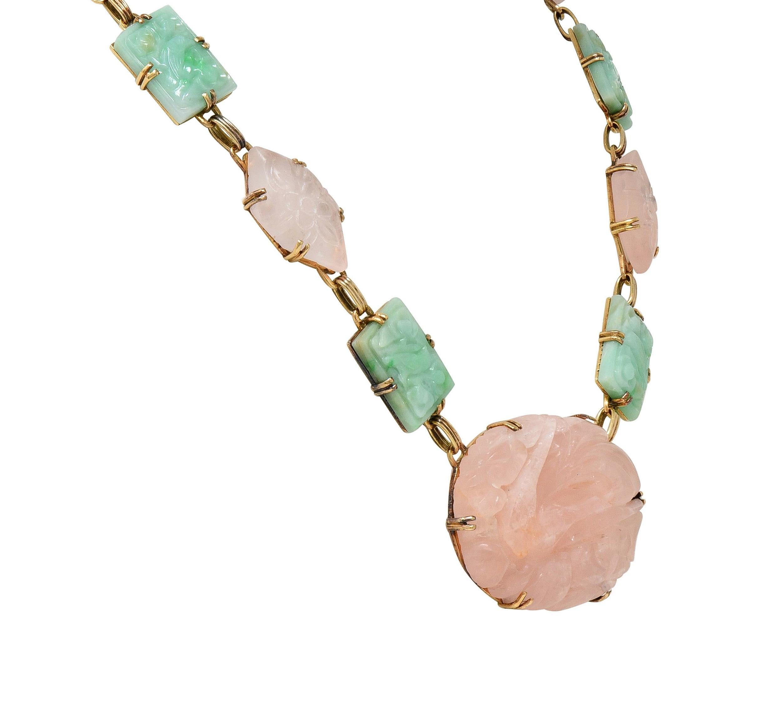 Early Art Deco Jade Rose Quartz 14 Karat Yellow Gold Antique Station Necklace For Sale 1