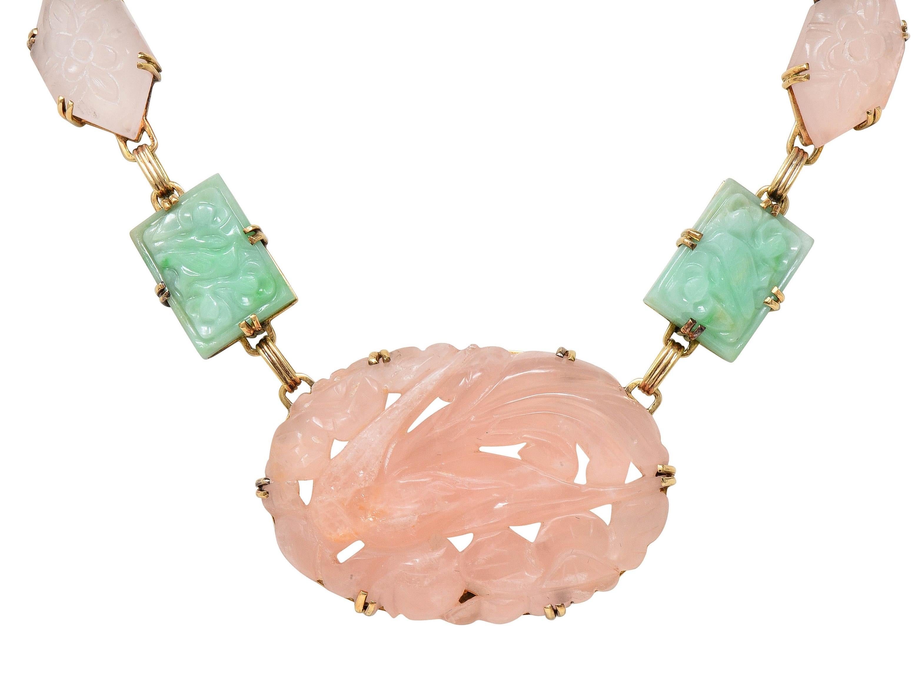 Early Art Deco Jade Rose Quartz 14 Karat Yellow Gold Antique Station Necklace For Sale 2