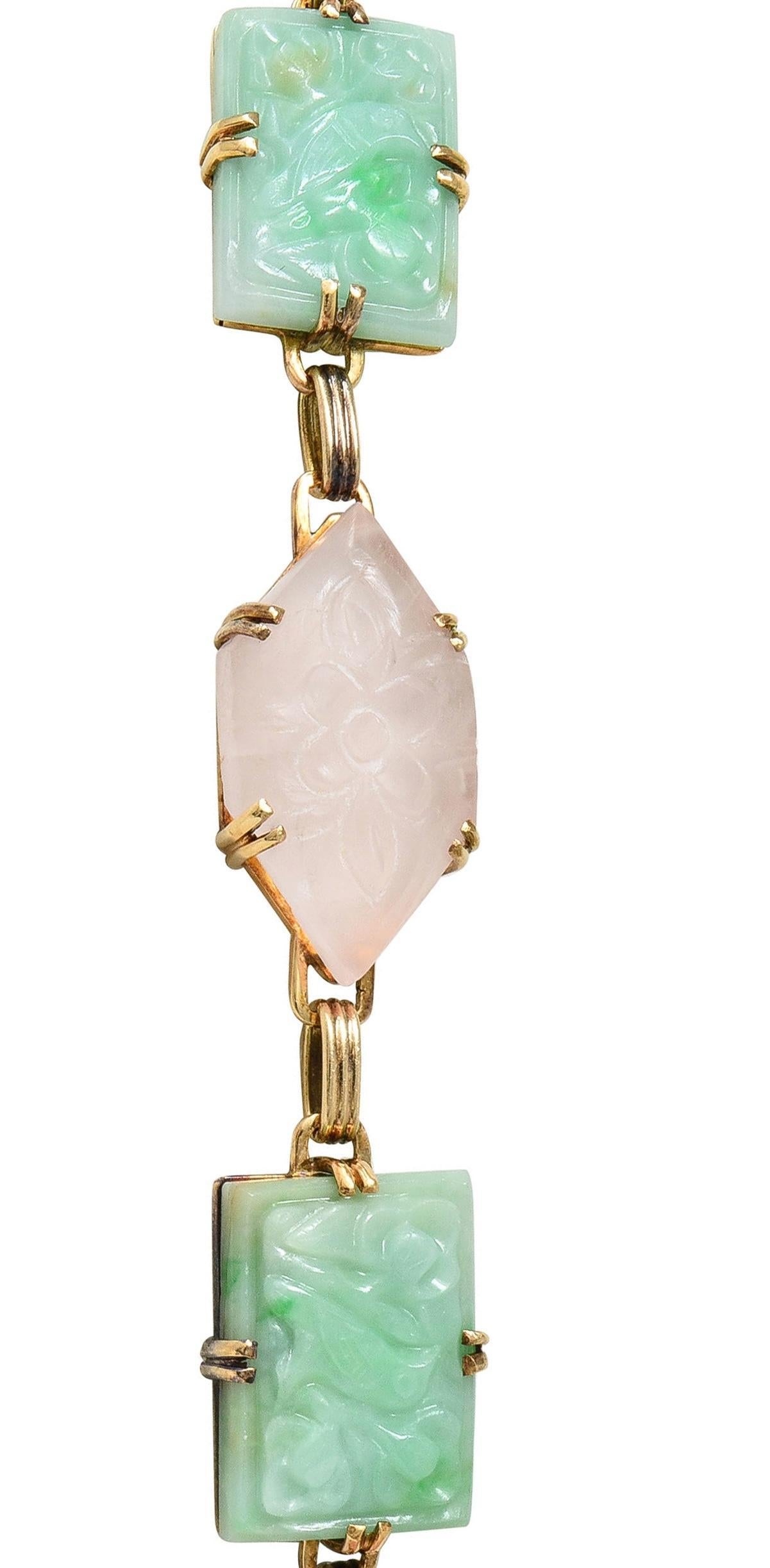 Early Art Deco Jade Rose Quartz 14 Karat Yellow Gold Antique Station Necklace For Sale 3