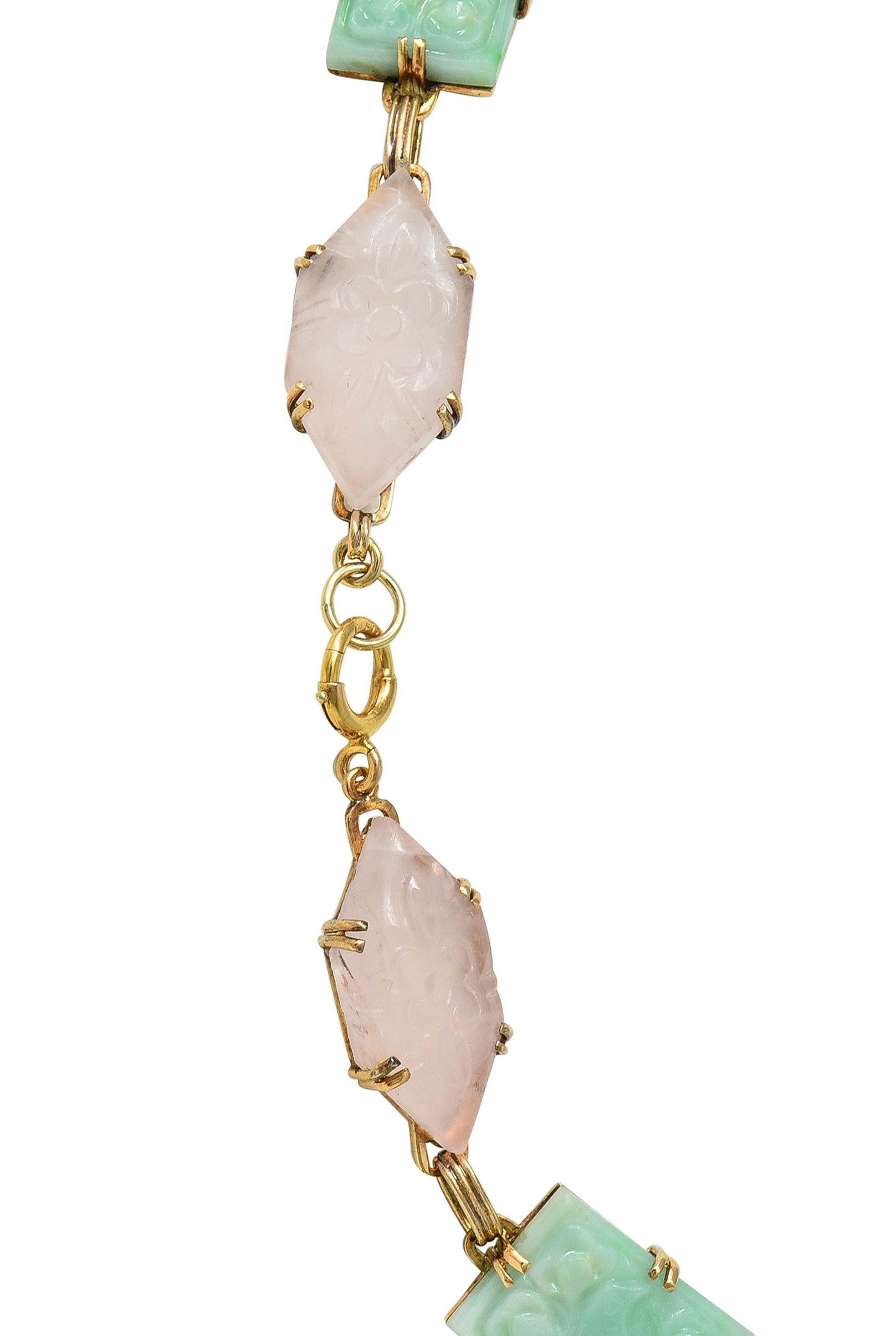 Early Art Deco Jade Rose Quartz 14 Karat Yellow Gold Antique Station Necklace For Sale 4