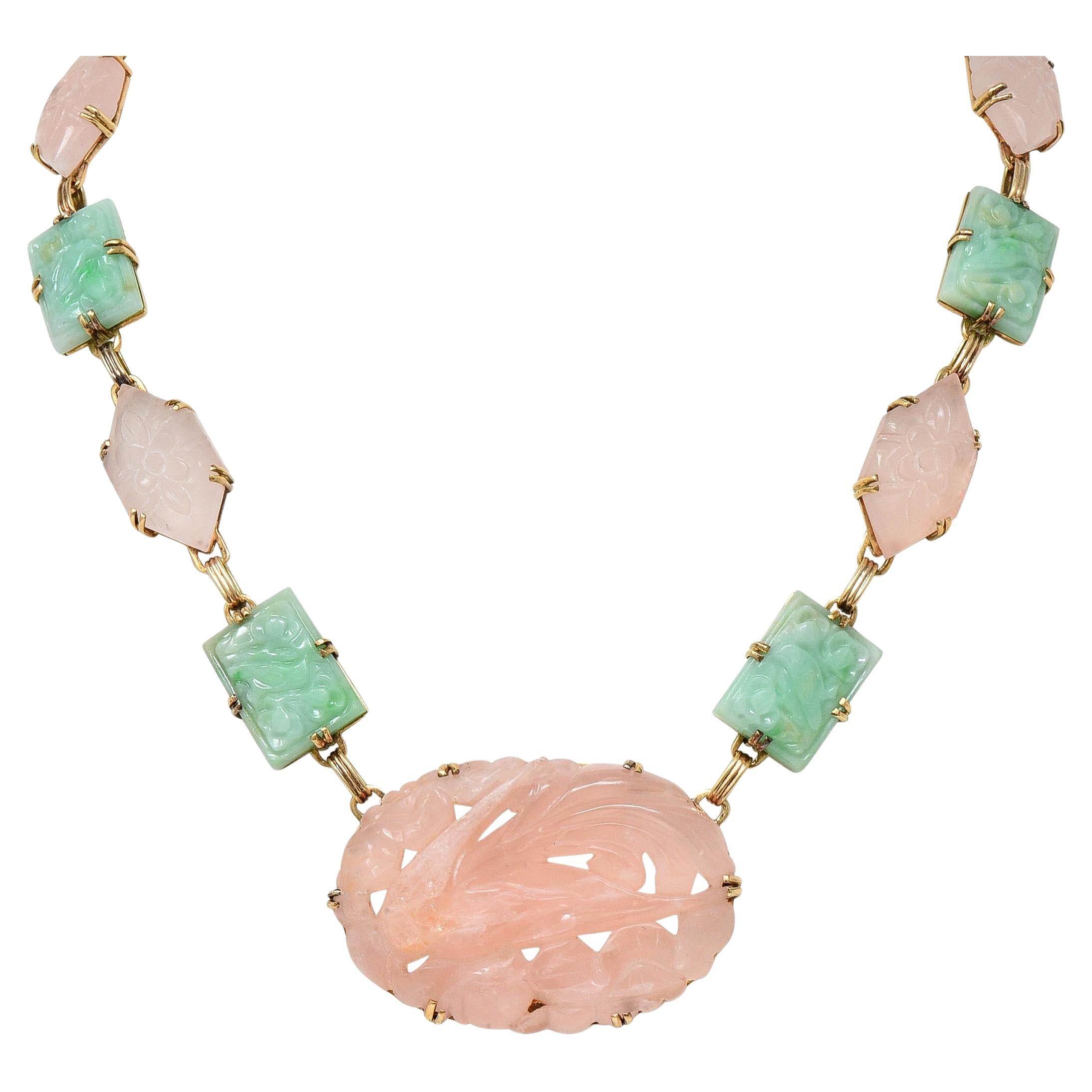 Early Art Deco Jade Rose Quartz 14 Karat Yellow Gold Antique Station Necklace For Sale