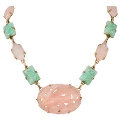 Early Art Deco Jade Rose Quartz 14 Karat Yellow Gold Antique Station Necklace