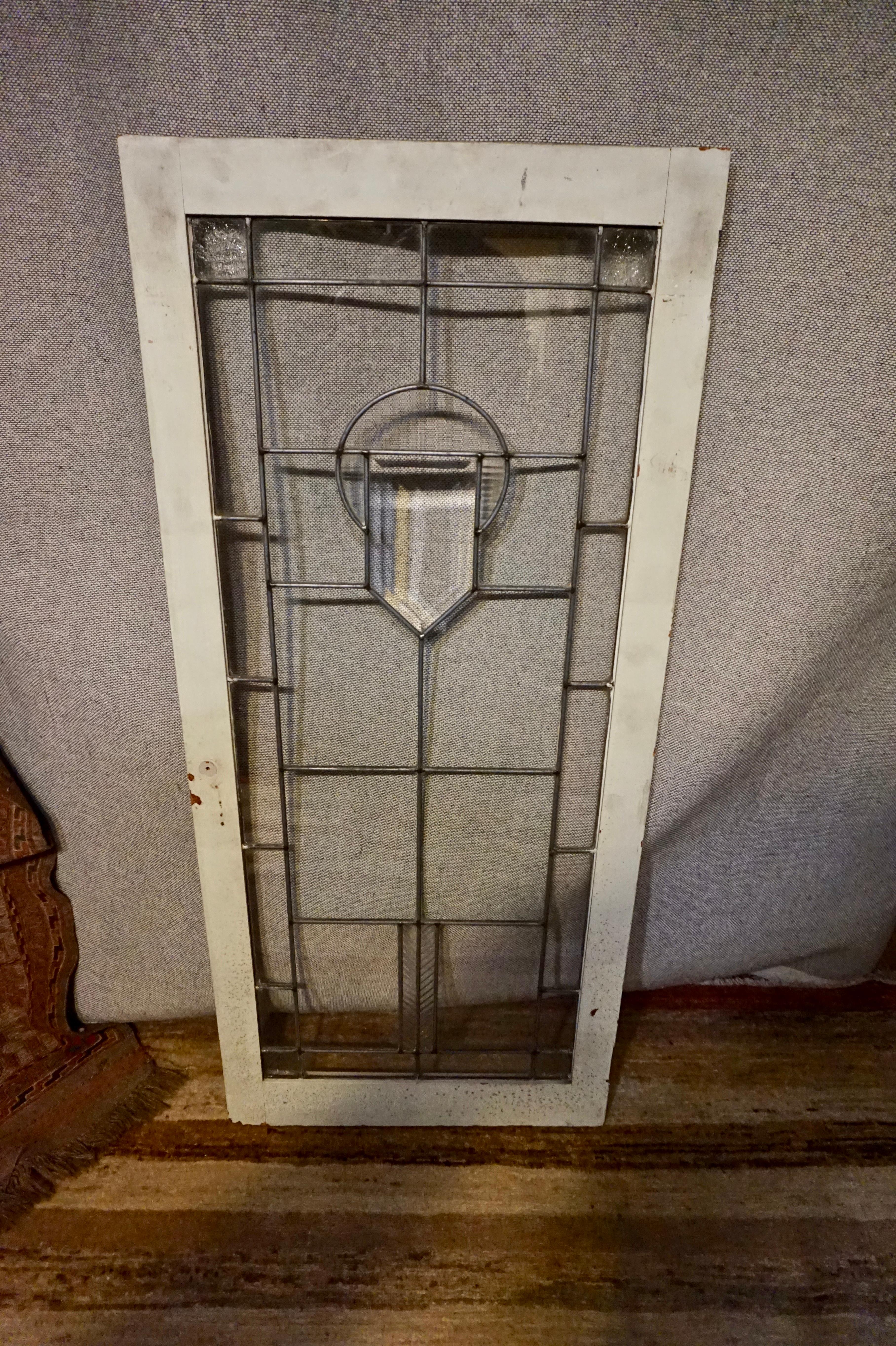 English Early Art Deco Lead Bevel Glass Window in Frame