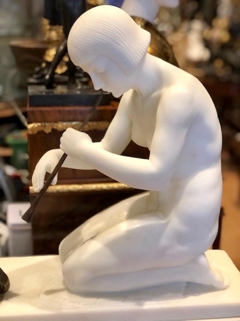 Carved Early Art Deco Marble Figure of a Snake Charmer by Guglielmo Pugi Italian C.1910