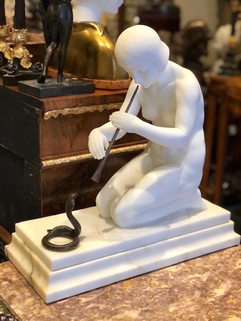 Early 20th Century Early Art Deco Marble Figure of a Snake Charmer by Guglielmo Pugi Italian C.1910