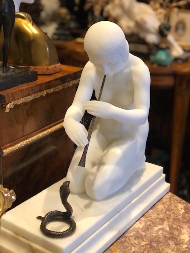 Early Art Deco Marble Figure of a Snake Charmer by Guglielmo Pugi Italian C.1910 1