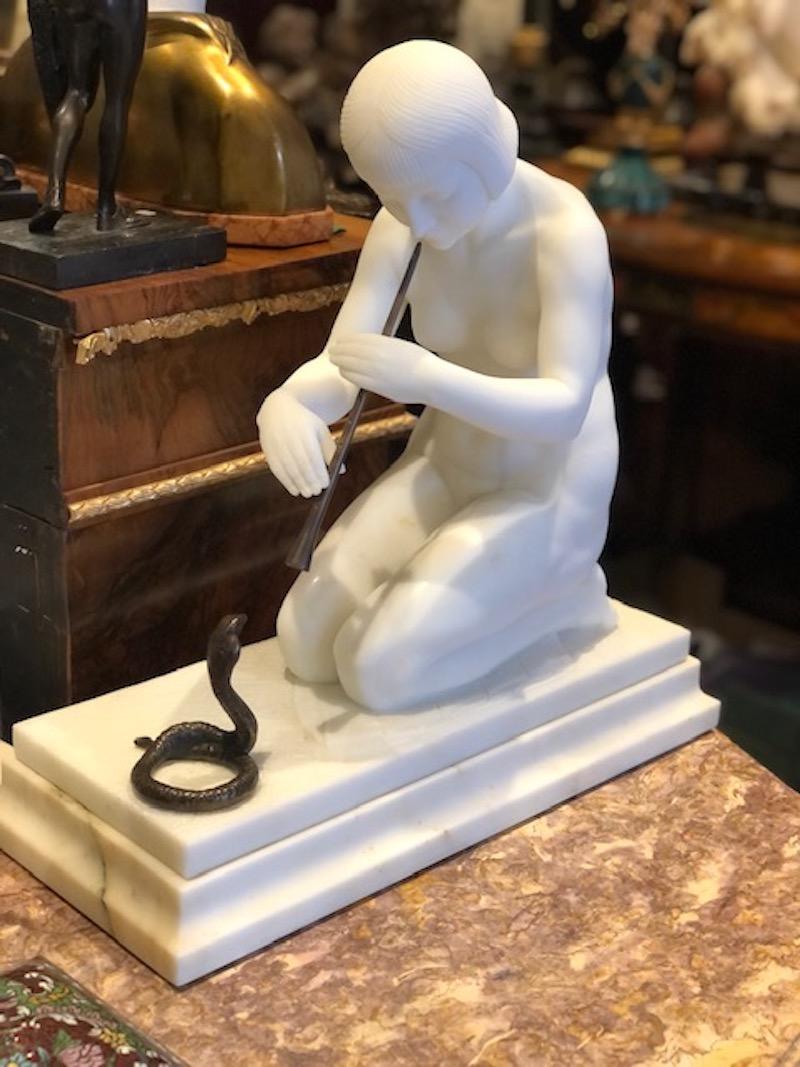 Early Art Deco Marble Figure of a Snake Charmer by Guglielmo Pugi Italian C.1910 3