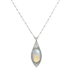 Early Art Deco Moonstone Diamond Platinum Antique Filigree Station Drop Necklace
