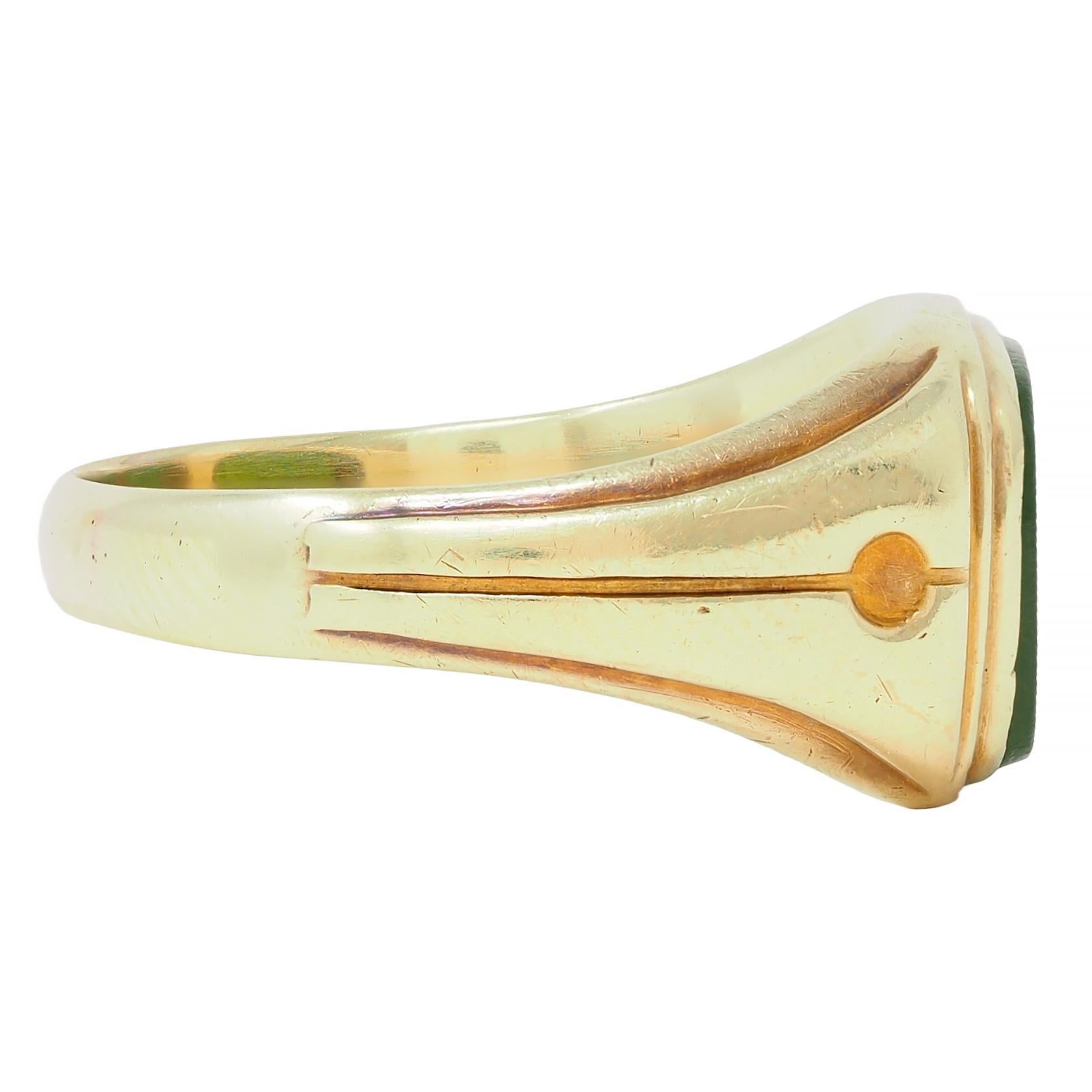 Early Art Deco Nephrite Jade 14 Karat Yellow Gold Antique Signet Ring In Excellent Condition In Philadelphia, PA
