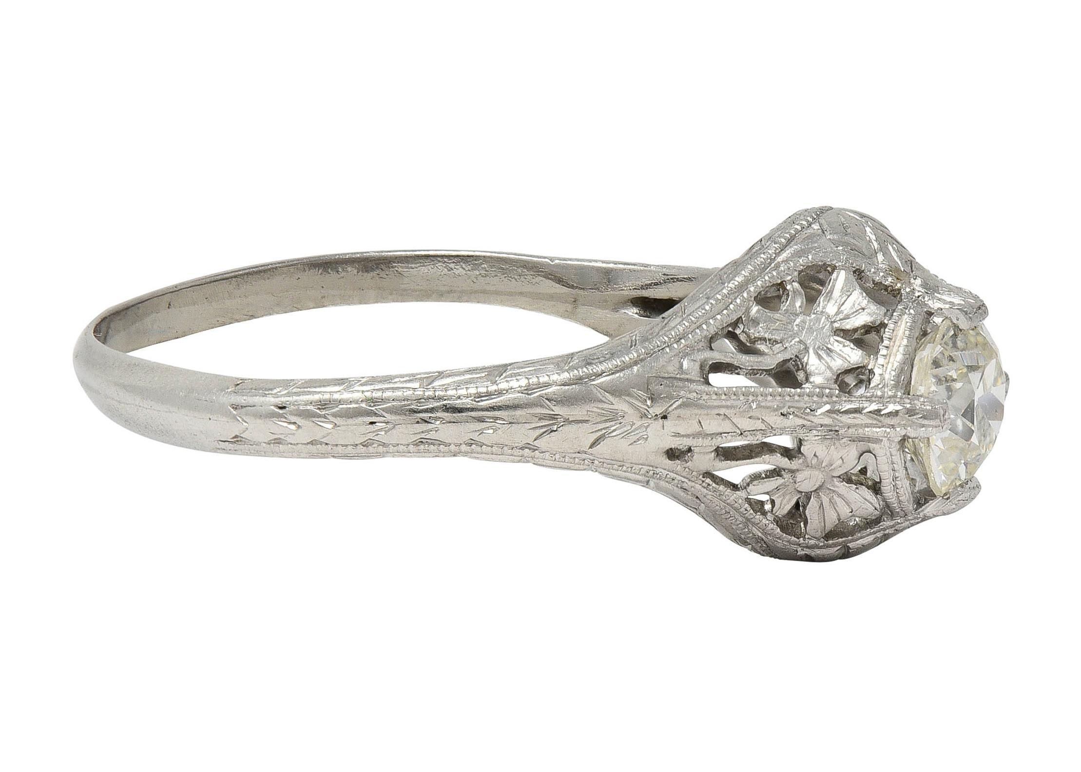 Old European Cut Early Art Deco Old European Diamond Platinum Clover Antique Engagement Ring For Sale