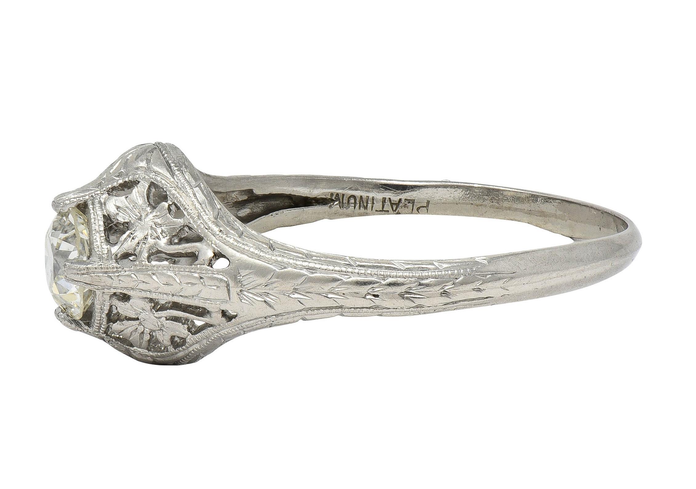 Women's or Men's Early Art Deco Old European Diamond Platinum Clover Antique Engagement Ring For Sale