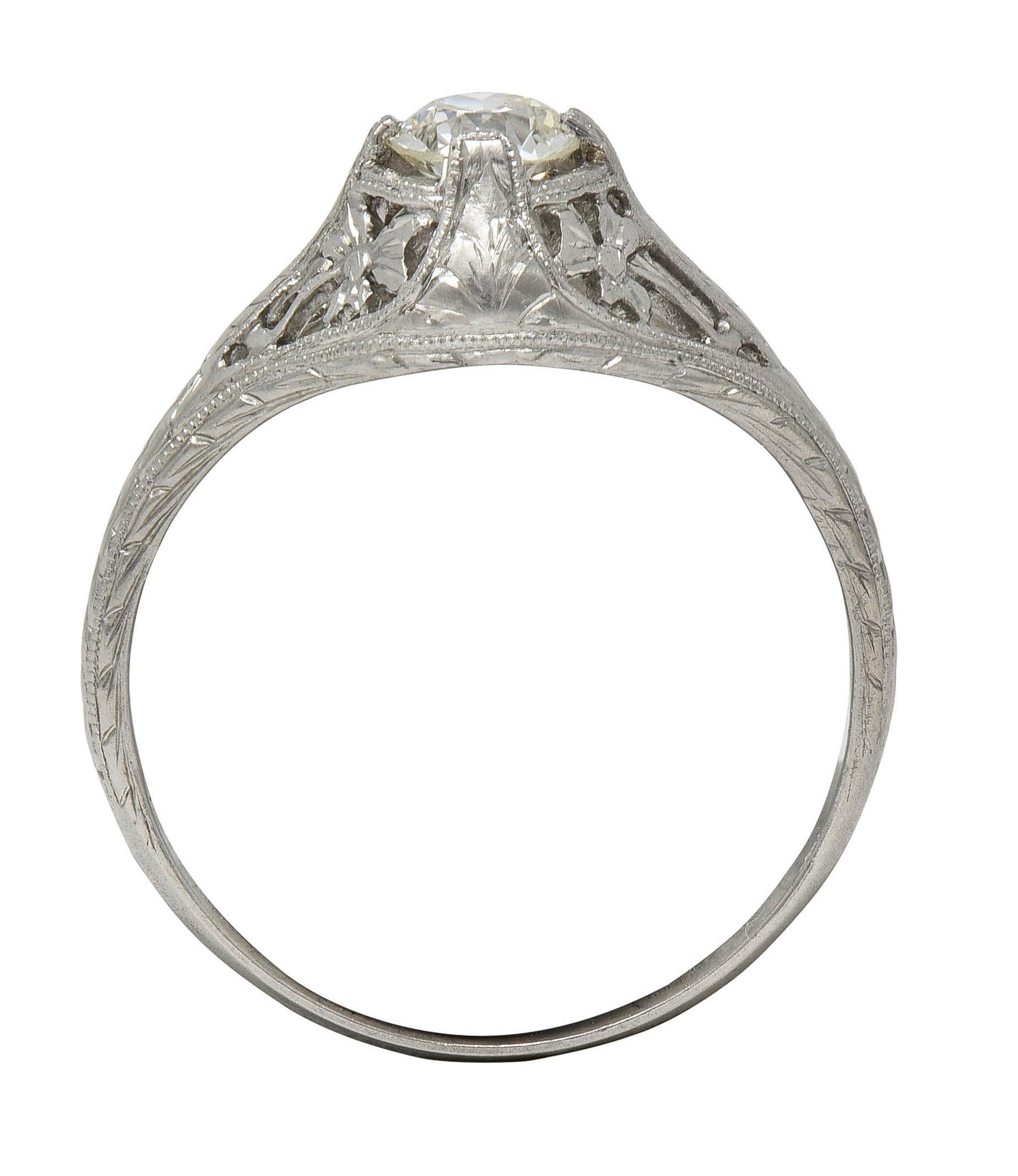 Early Art Deco Old European Diamond Platinum Clover Antique Engagement Ring For Sale 2