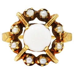 Early Art Deco Opal Pearl 14 Karat Gold X Cluster Ring