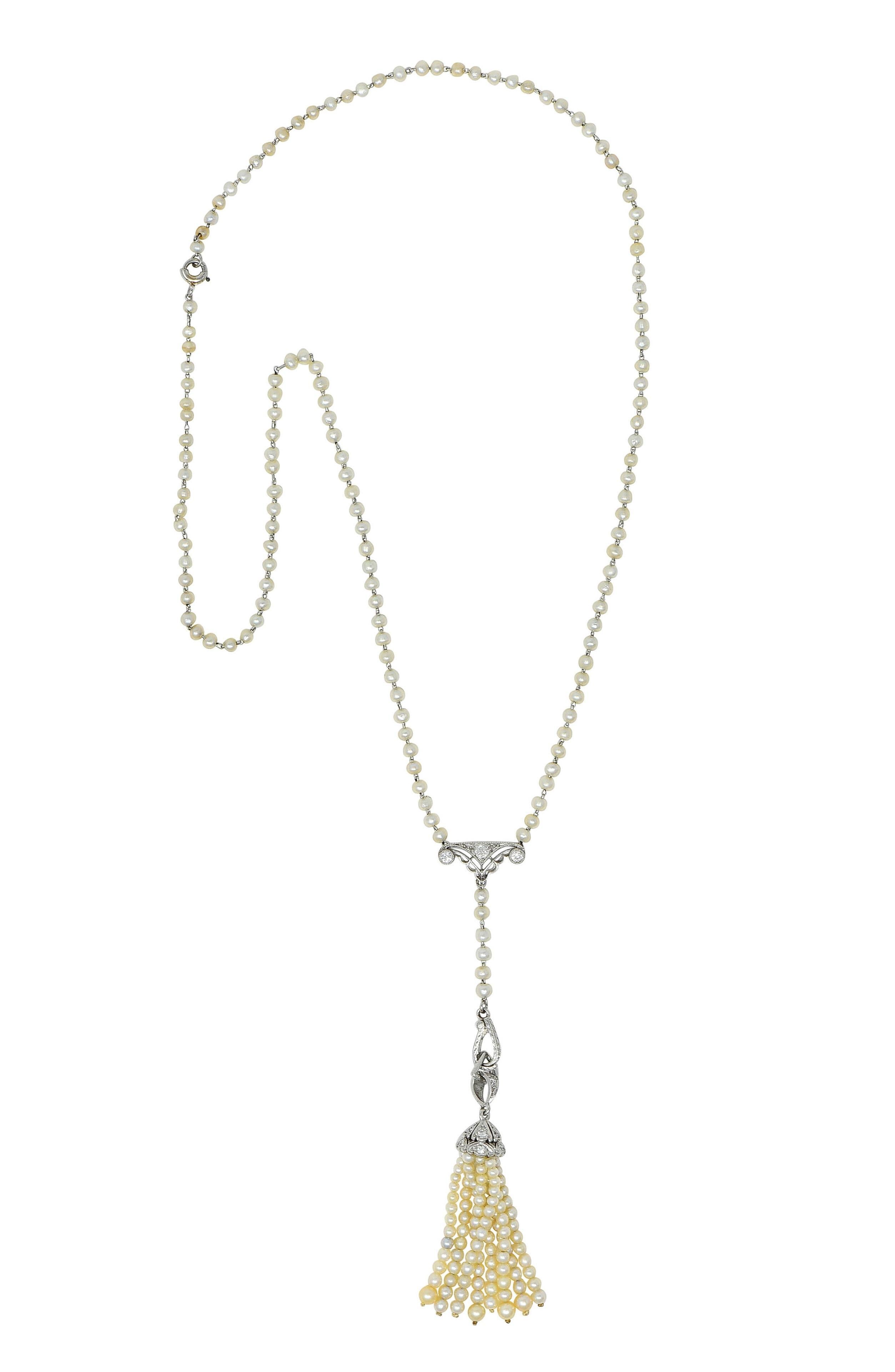 Bead Early Art Deco Pearl Diamond Platinum Antique Lavalier Tassel Pendant Necklace For Sale