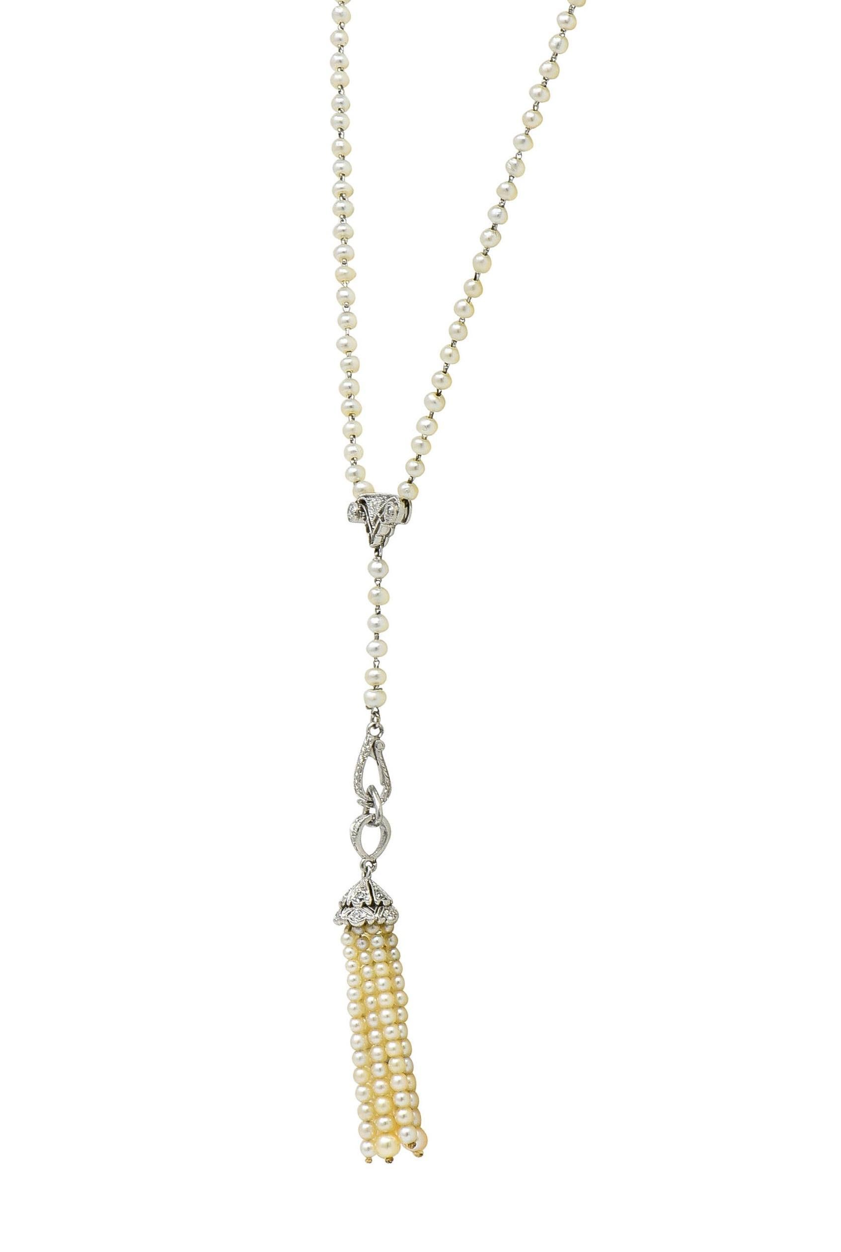 Early Art Deco Pearl Diamond Platinum Antique Lavalier Tassel Pendant Necklace In Excellent Condition For Sale In Philadelphia, PA