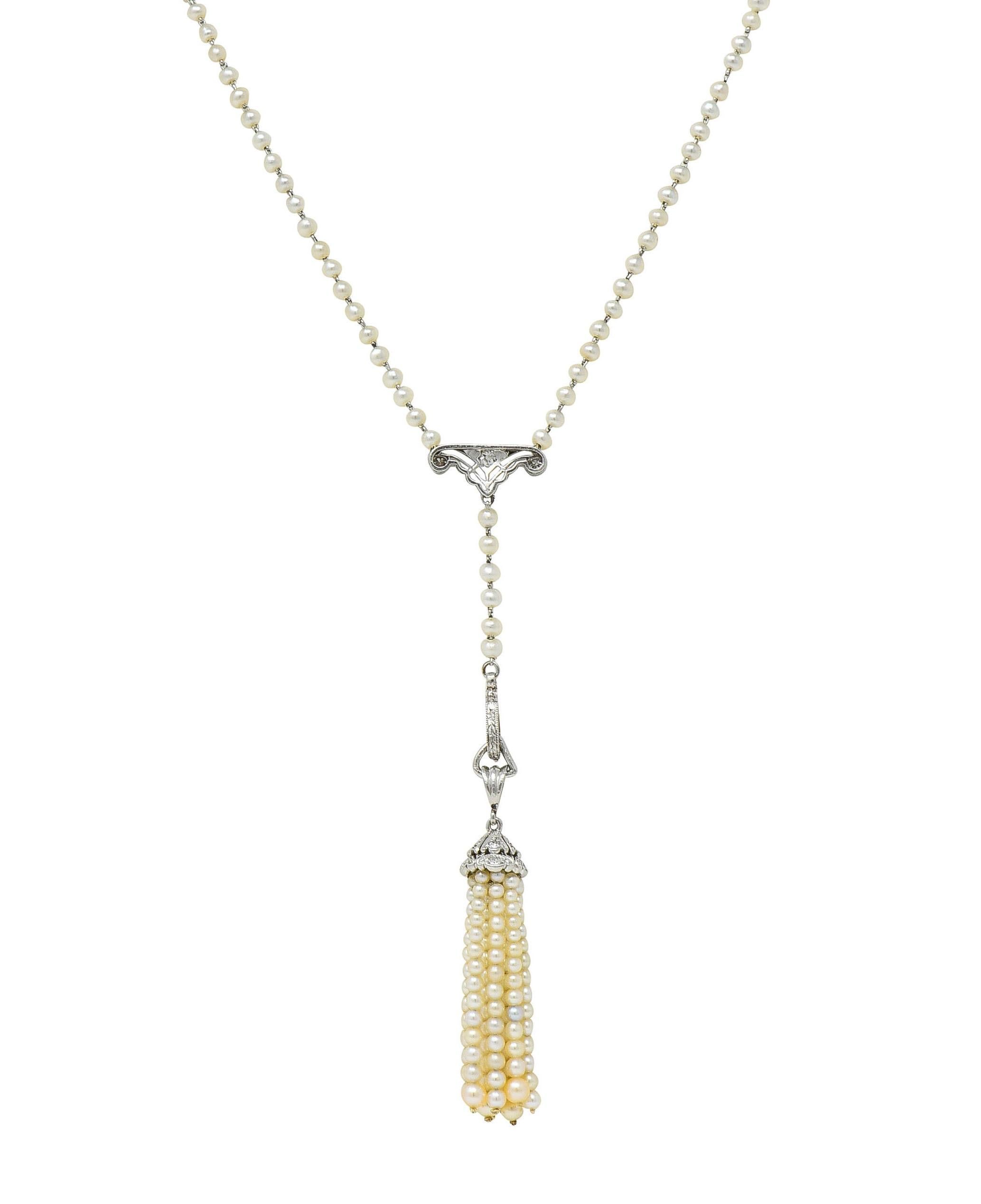 Women's or Men's Early Art Deco Pearl Diamond Platinum Antique Lavalier Tassel Pendant Necklace For Sale
