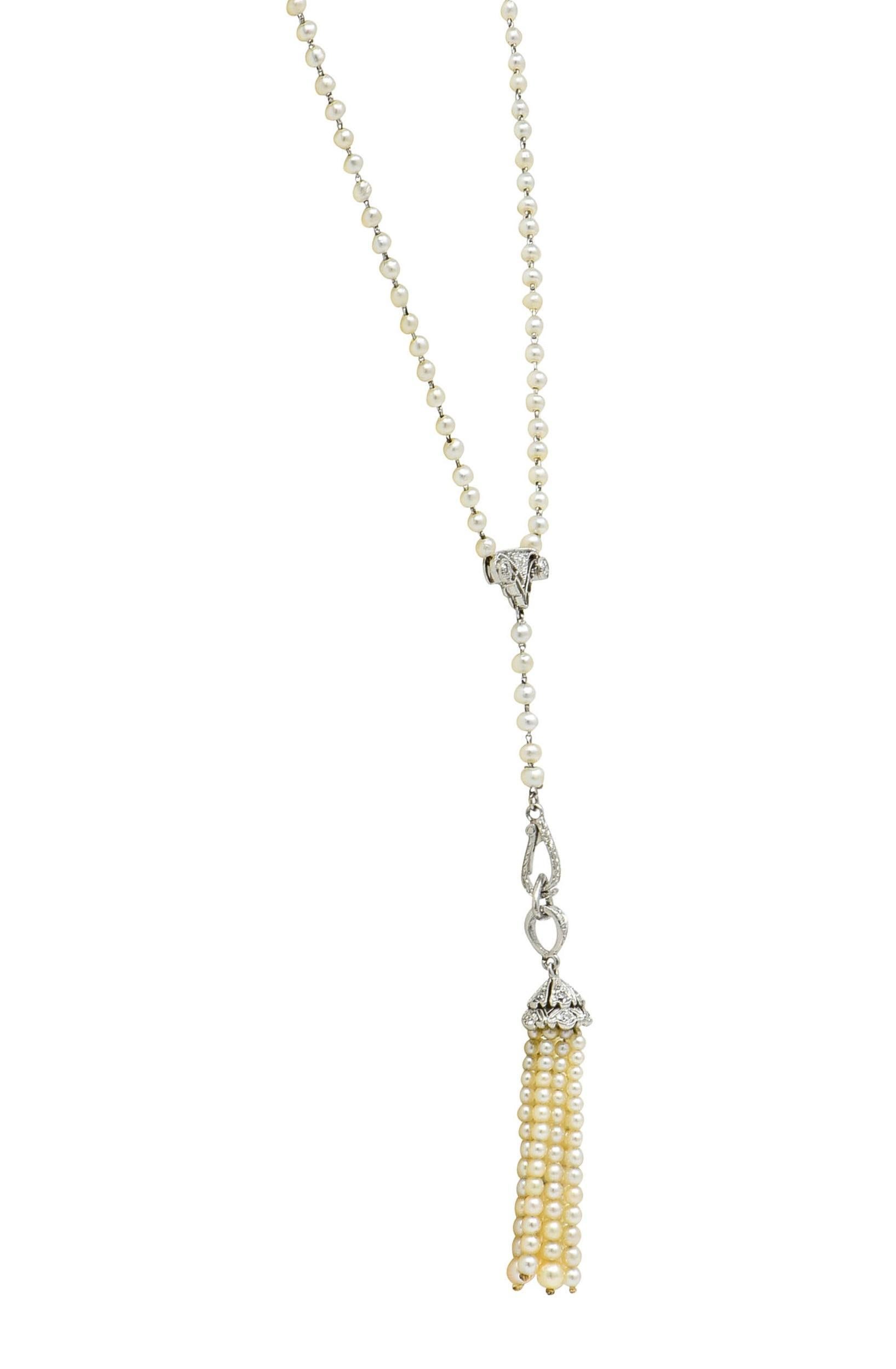 Early Art Deco Pearl Diamond Platinum Antique Lavalier Tassel Pendant Necklace For Sale 1