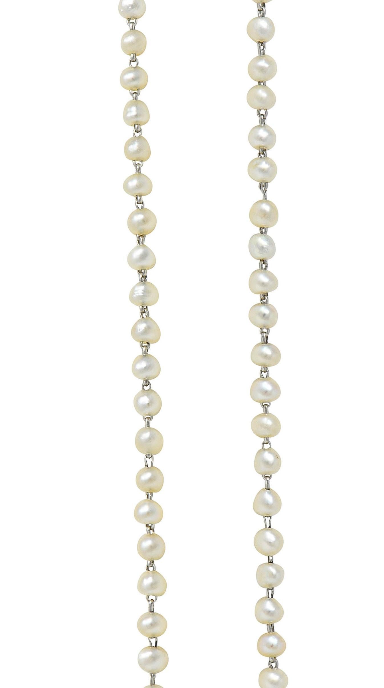 Early Art Deco Pearl Diamond Platinum Antique Lavalier Tassel Pendant Necklace For Sale 2