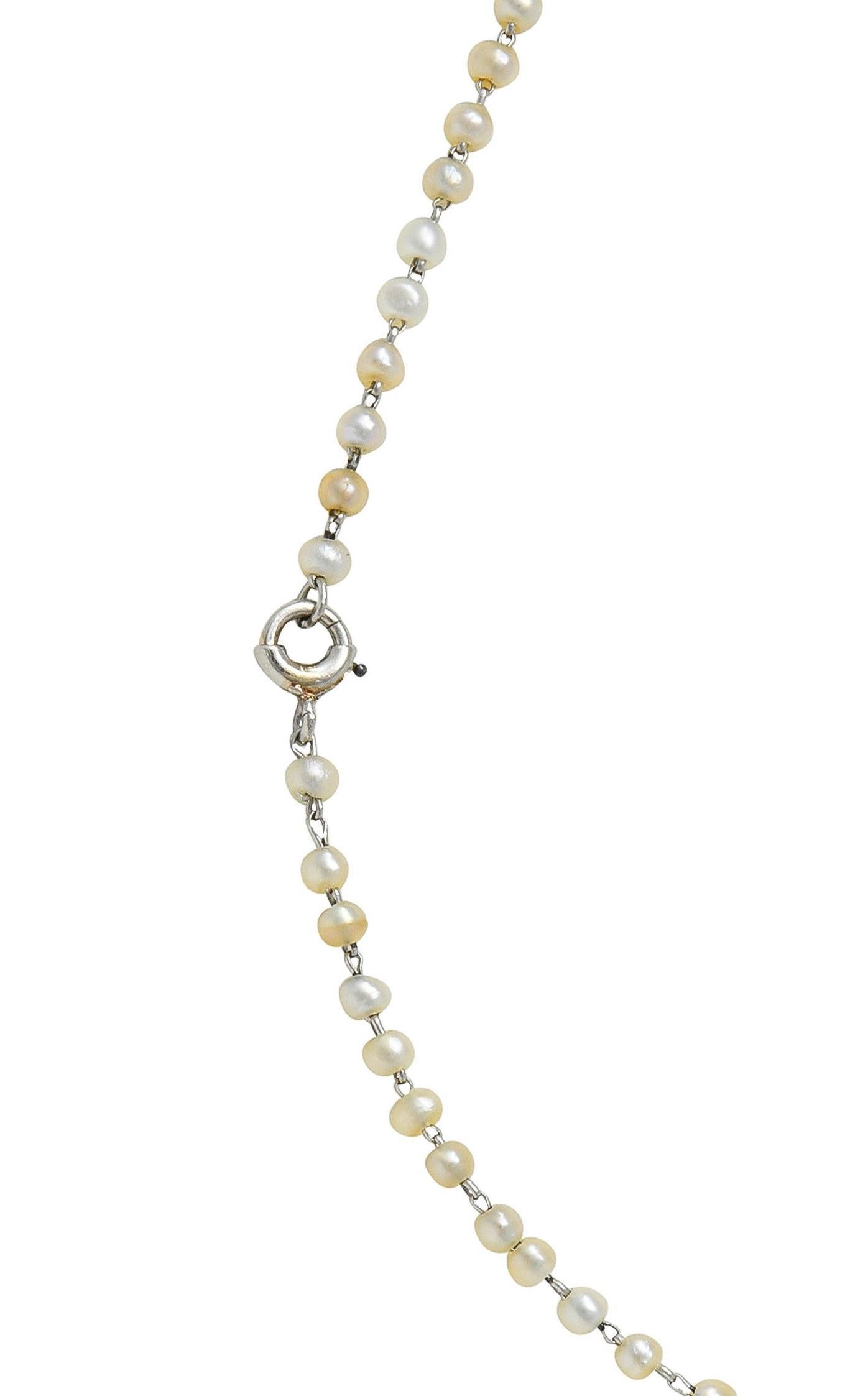 Early Art Deco Pearl Diamond Platinum Antique Lavalier Tassel Pendant Necklace For Sale 3