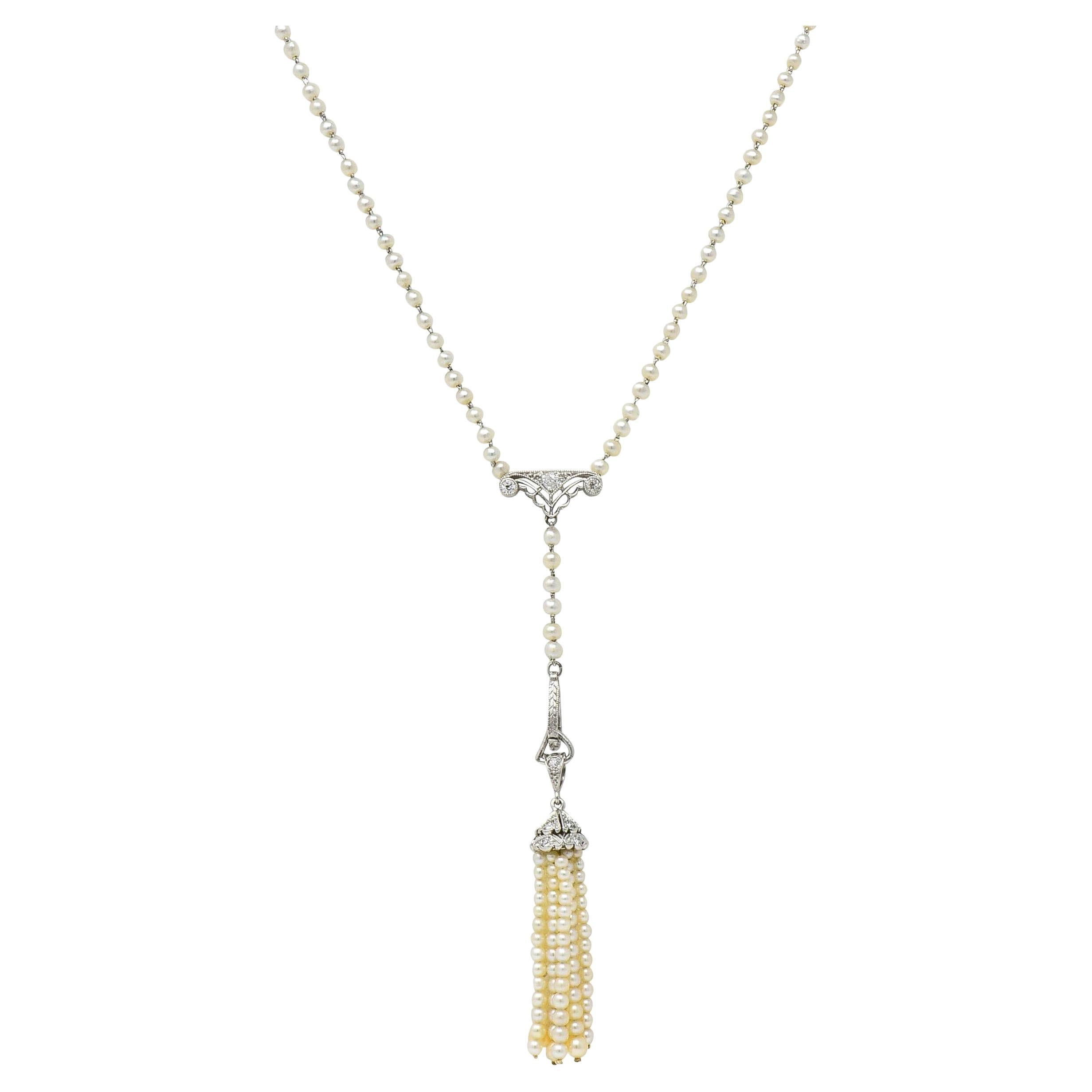 Early Art Deco Pearl Diamond Platinum Antique Lavalier Tassel Pendant Necklace